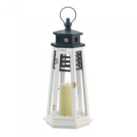 Navy Blue and White Wood Lighthouse Candle Lantern - 19 inches