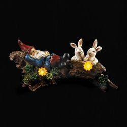 Sleeping Gnome Bunnies Solar Statue